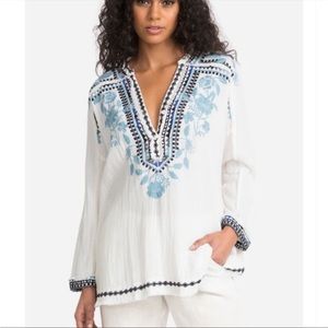 Johnny Was Vedera Gauze Blouse White Blue Sz XL IT HAS POCKETS!!